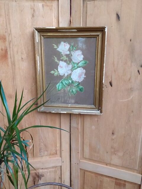Ancien Tableau Fleurs de Rosiers Rose Pâle 45 Loches (37)