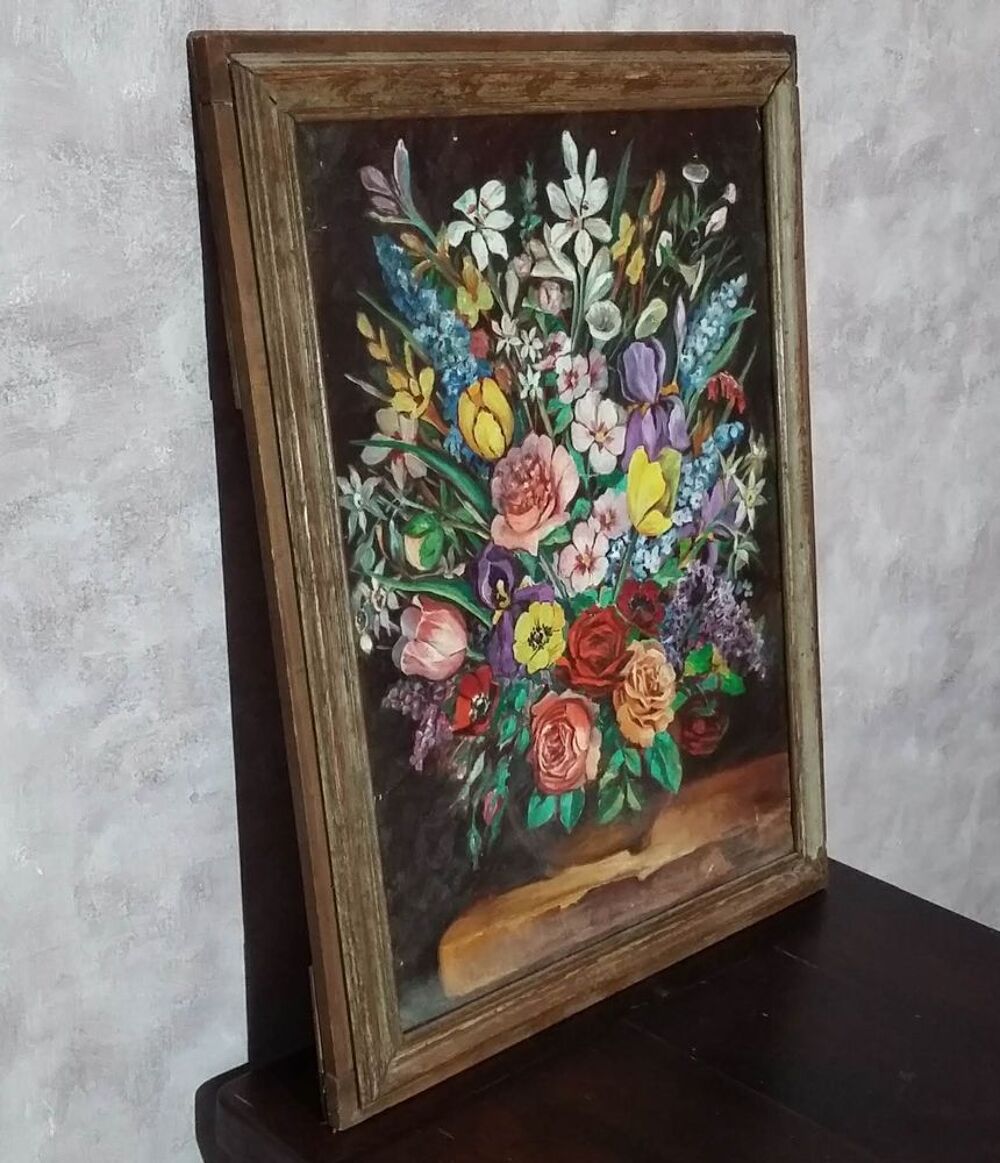Tableau bouquet de fleurs - Peinture toile - Bon &eacute;tat Dcoration