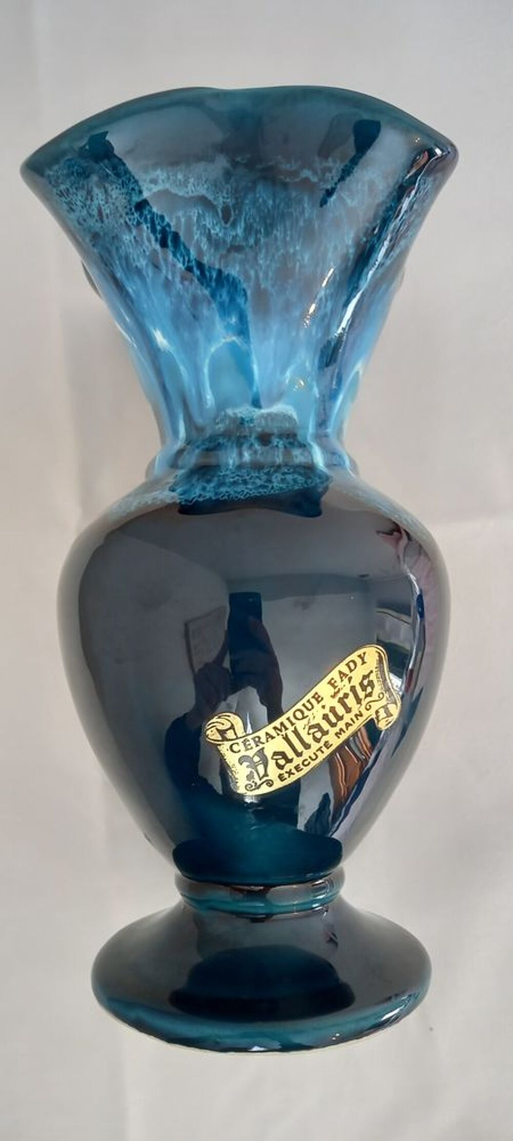 Vase c&eacute;ramique Vallauris Fady vintage &eacute;mail bleu coulant H23 Décoration