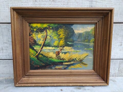 Tableau Paysage Forestier Cerf au Bord d'tang Sign Baudoin 40 Loches (37)