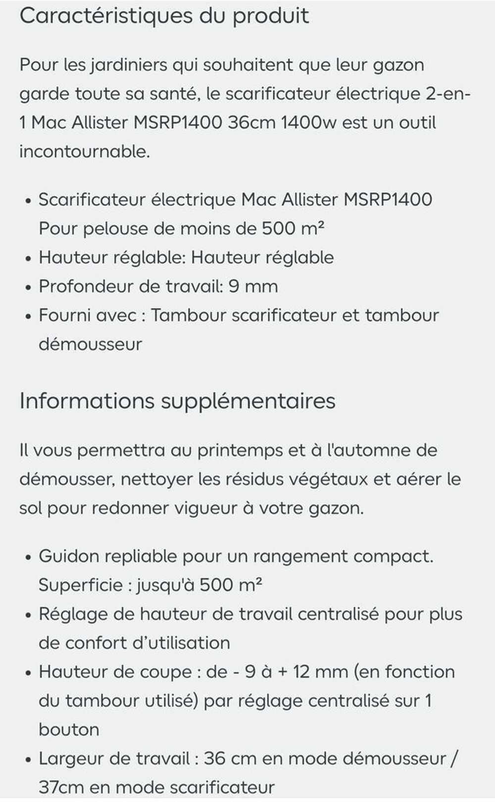 Scarificateur &eacute;lectrique Mac Allister Jardin