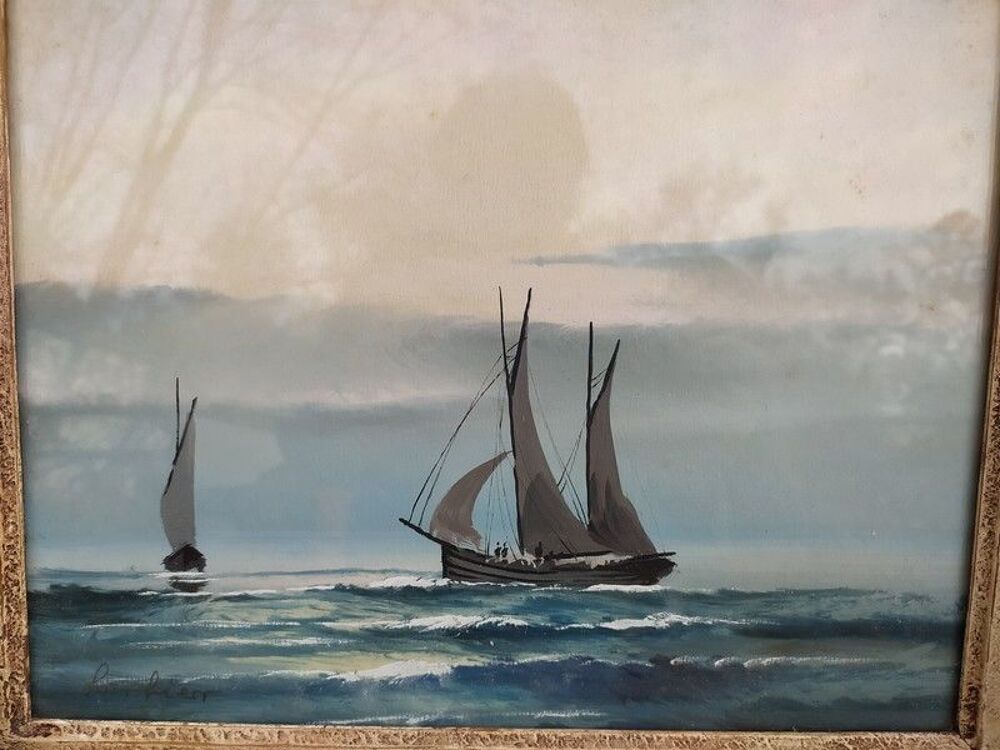 Tableau Dessin Gouache Marine Voiliers Sign&eacute;e 