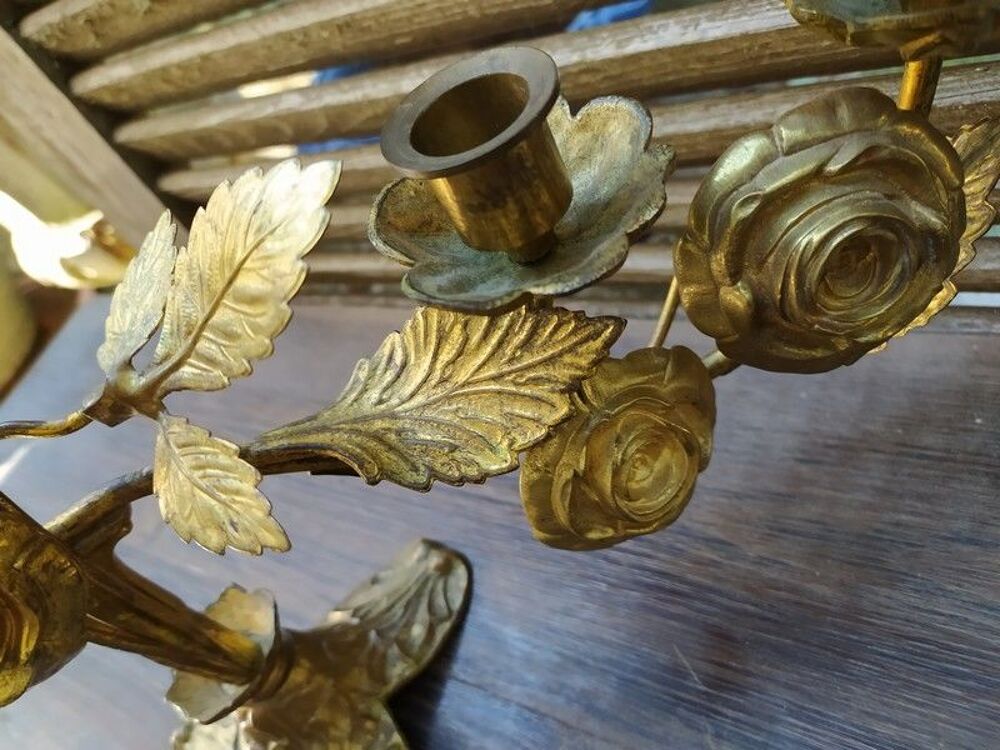 Bougeoir d'Autel &Eacute;glise Bronze et Laiton Dor&eacute; Fleurs Roses Décoration