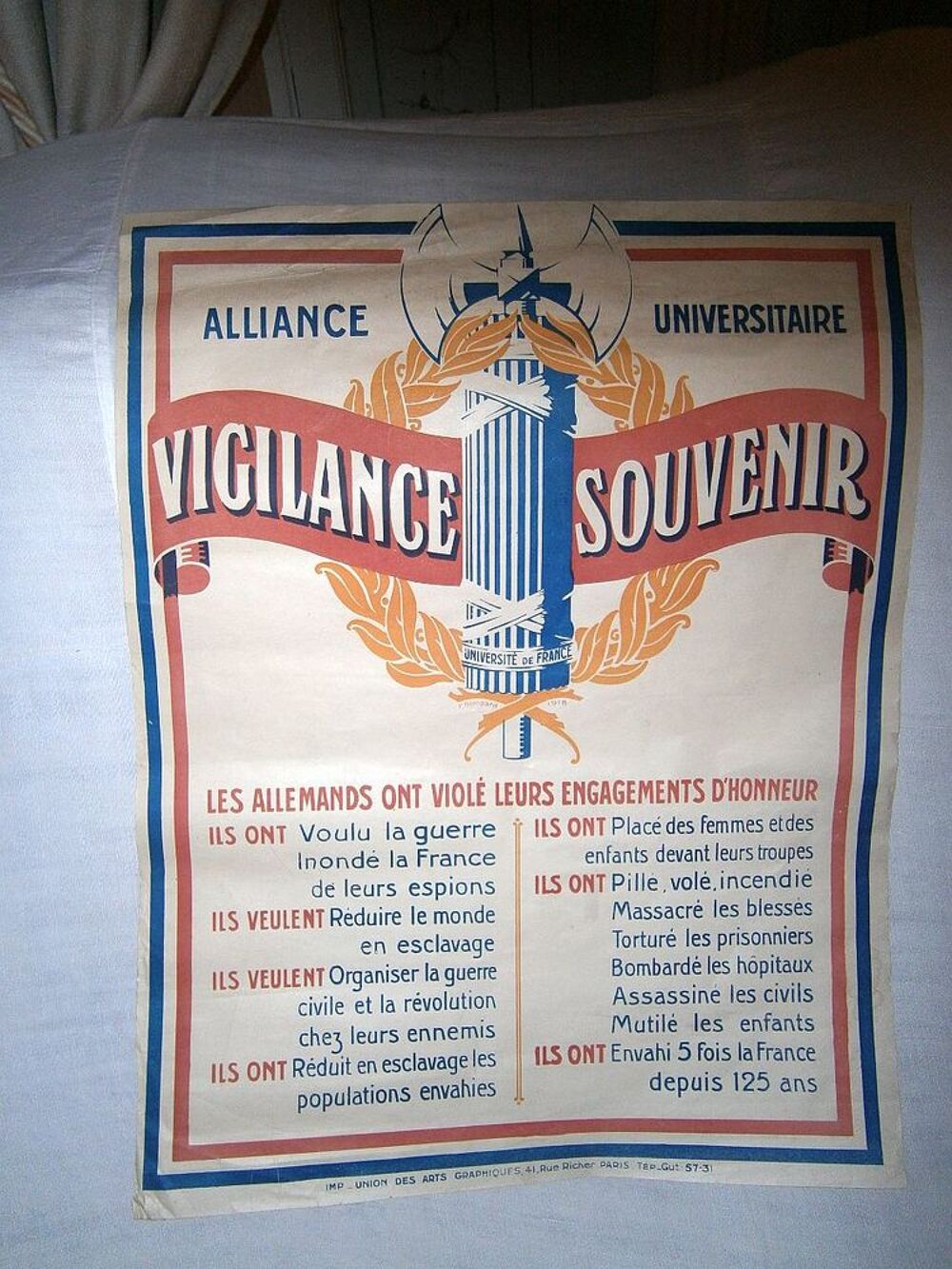 Ancienne affiche de 1918 Vigilance Souvenir
