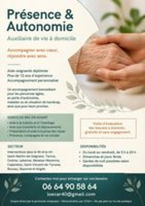   AUXILIAIRE DE VIE expérimentée, disponible (Emploi CESU +) 