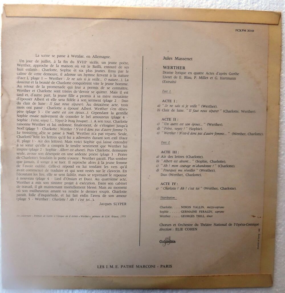 WERTHER Disque vinyle 33 Tours Drame lyrique en quatre acte CD et vinyles