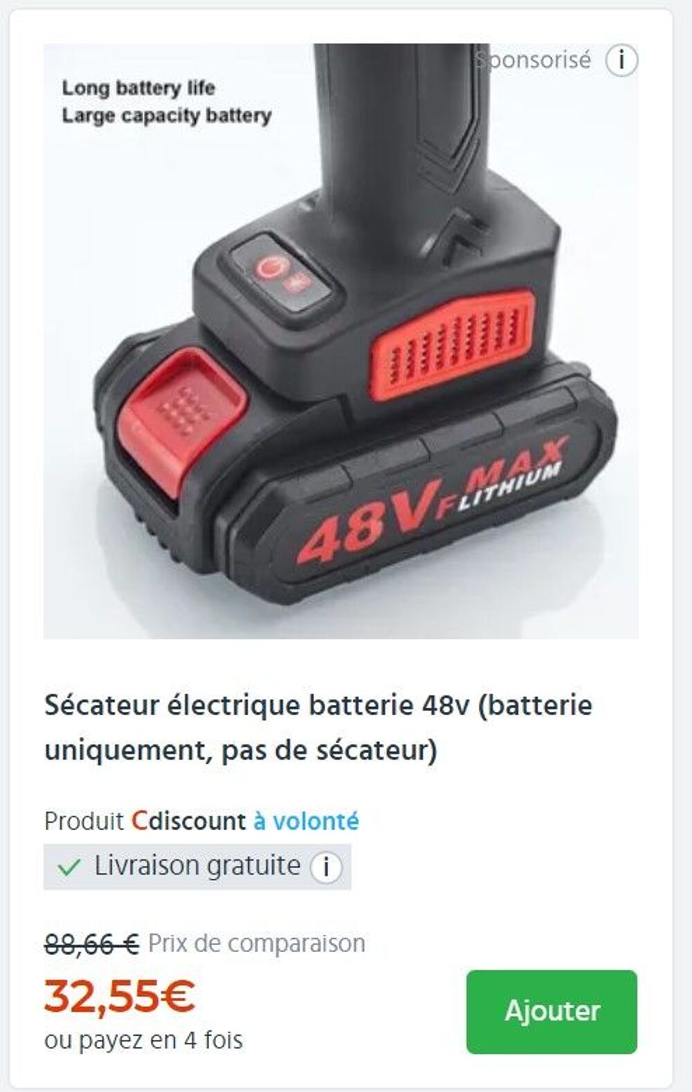 BATTERIE 48 Vf lithium 21v lg capacit&eacute; Bricolage