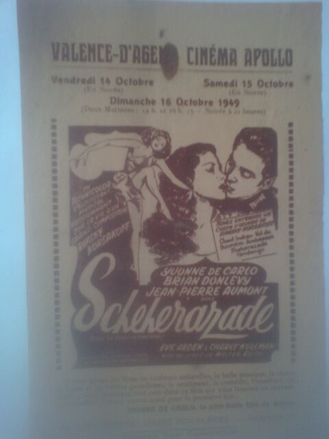 Affichette Cinéma Apollo Valence d'Agen Schéhérazade Yvonne 7 Nérac (47)