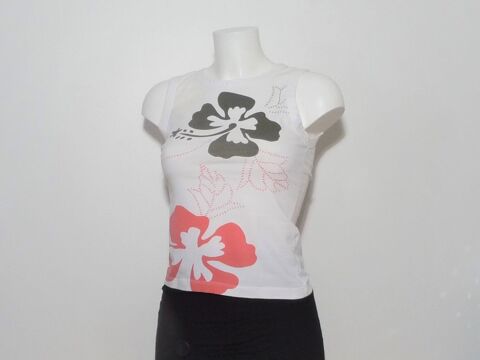 Top/ Tee Shirt Blanc Motif Fleuri Rouge Vert Jaune-3 Suisses 4 Paris 15 (75)