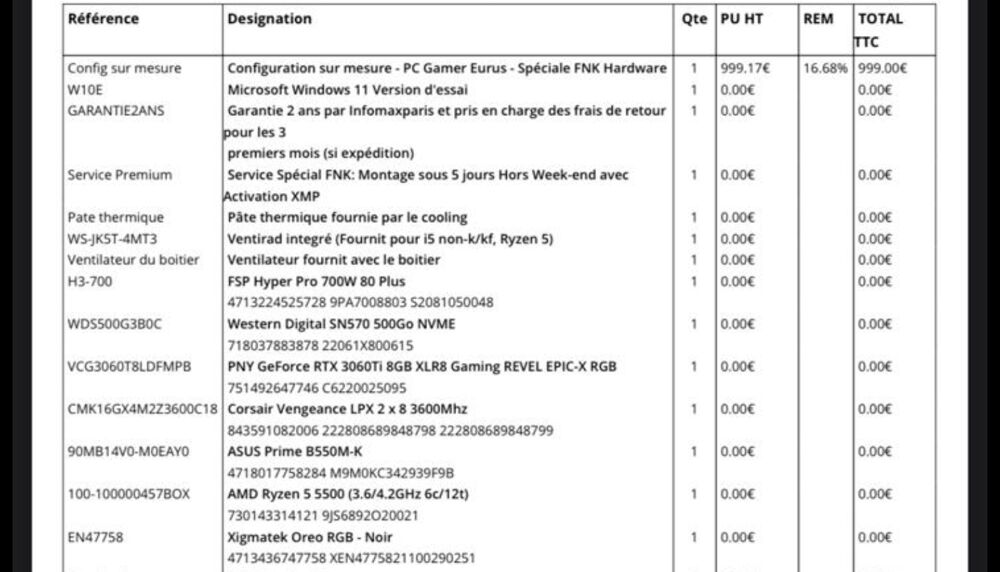pc gamer Eurus FNK -garantie 1 an- Matériel informatique