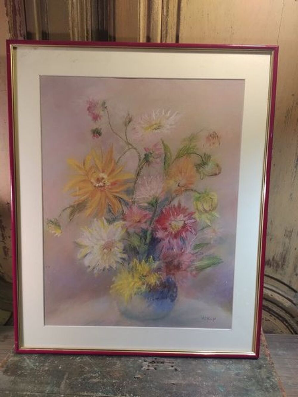 Tableau Pastel Bouquet de Fleurs Dahlias Sign&eacute; Dcoration