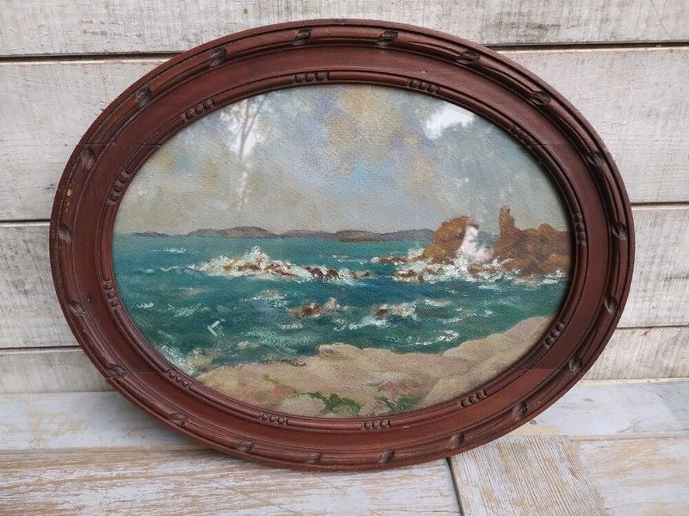 Ancien Tableau Paysage Marin Mer Agit&eacute;e Cadre Ovale 