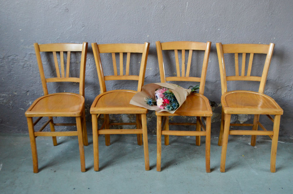 Lot de 4 chaises bistrot vintage anciennes boh&egrave;me d&eacute;co bois Meubles