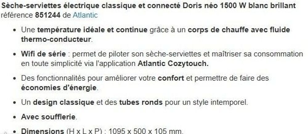 S&egrave;che-serviettes ATLANTIC Doris avec soufflerie 1500W blanc Electroménager