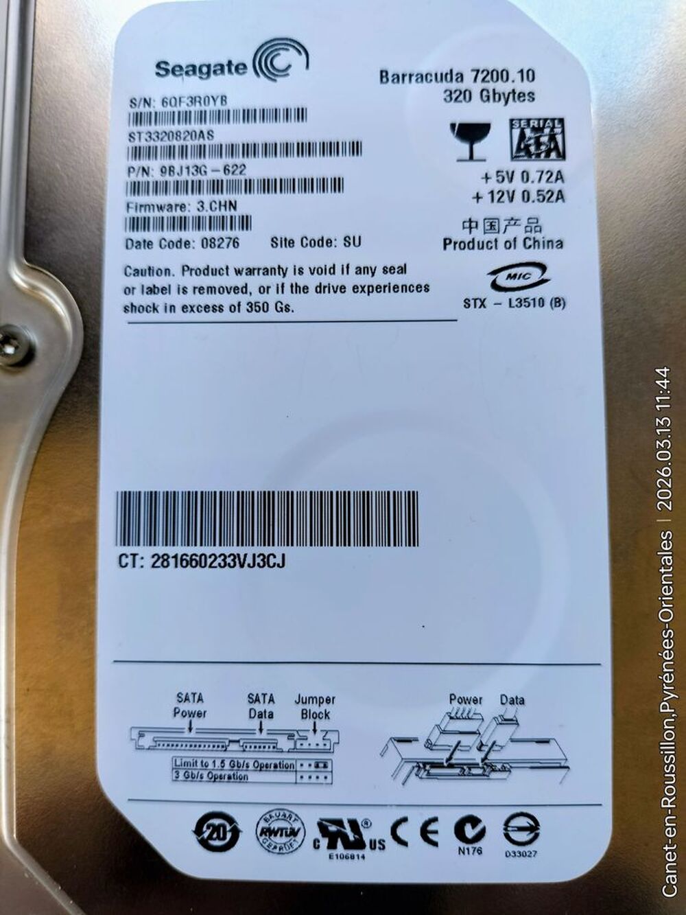 Lot 2 Disques Dur Seagate 320Go &amp; 160Go Sata 3,5" + C&acirc;bles Matériel informatique
