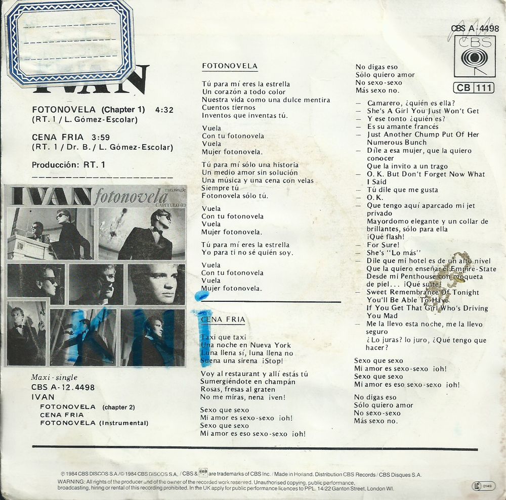 Vinyle 45 T , Ivan Fotonovela 1984 CD et vinyles