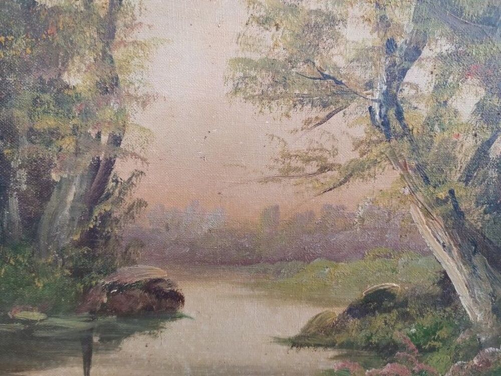 Tableau Huile sur Toile Barbizon Paysage Bois et Rivi&egrave;re Décoration