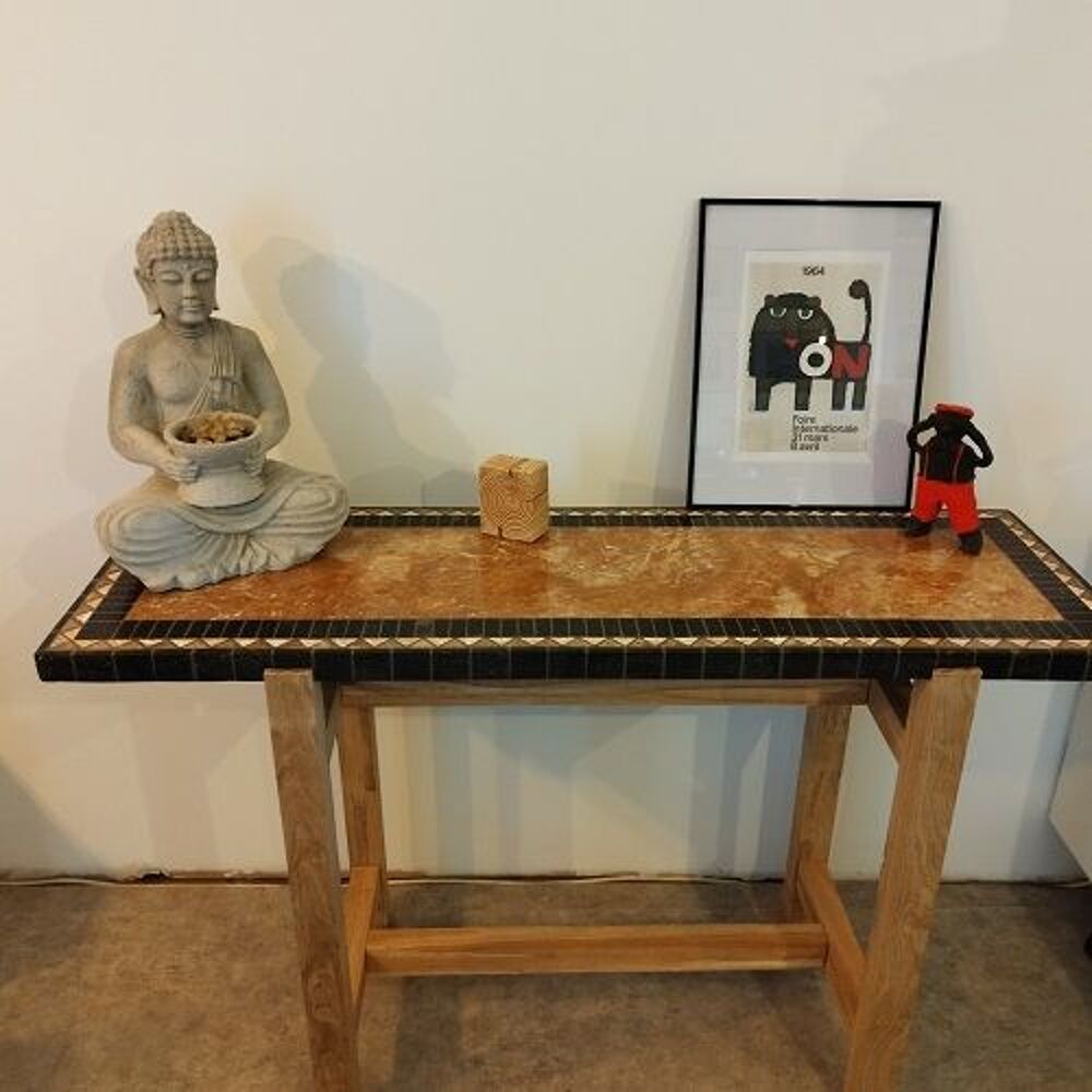Table console, pi&egrave;tement bois, plateau marbre Meubles