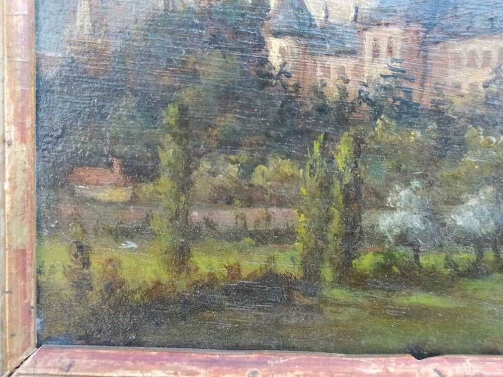 Tableau Peinture sur Bois Ch&acirc;teau XIX&egrave;me Cadre Dor&eacute; Feuille 