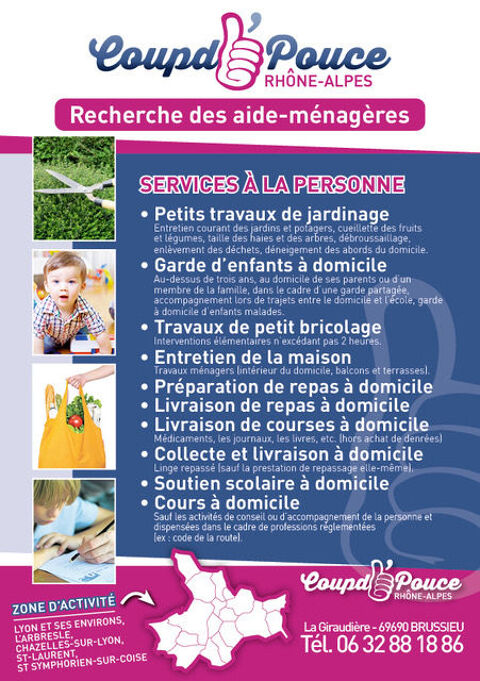 Aide-m&eacute;nag&egrave;res Lyon.
Agr&eacute;&eacute; DDETS (50% cr&eacute;dit d'imp&ocirc;ts) 0 69690 Brussieu