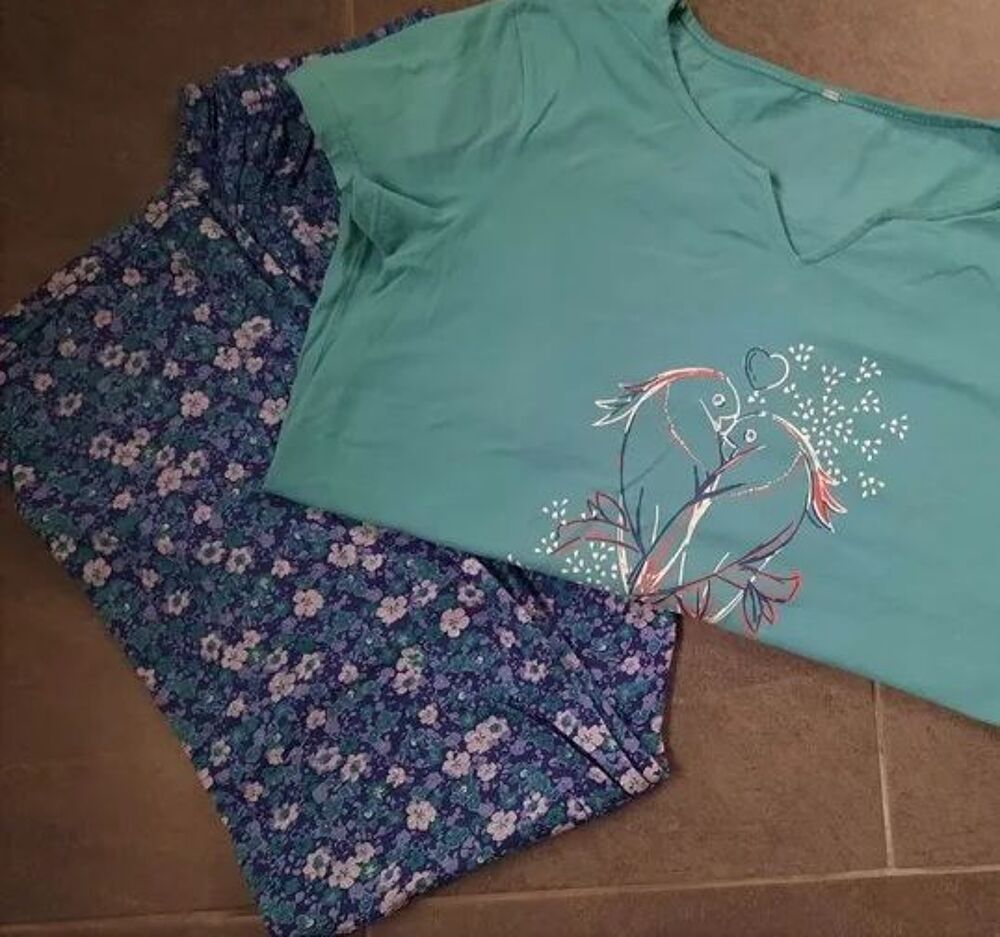 Beau pyjama bleu marine fleuri liberty vert + haut T 38 - 40 Vêtements