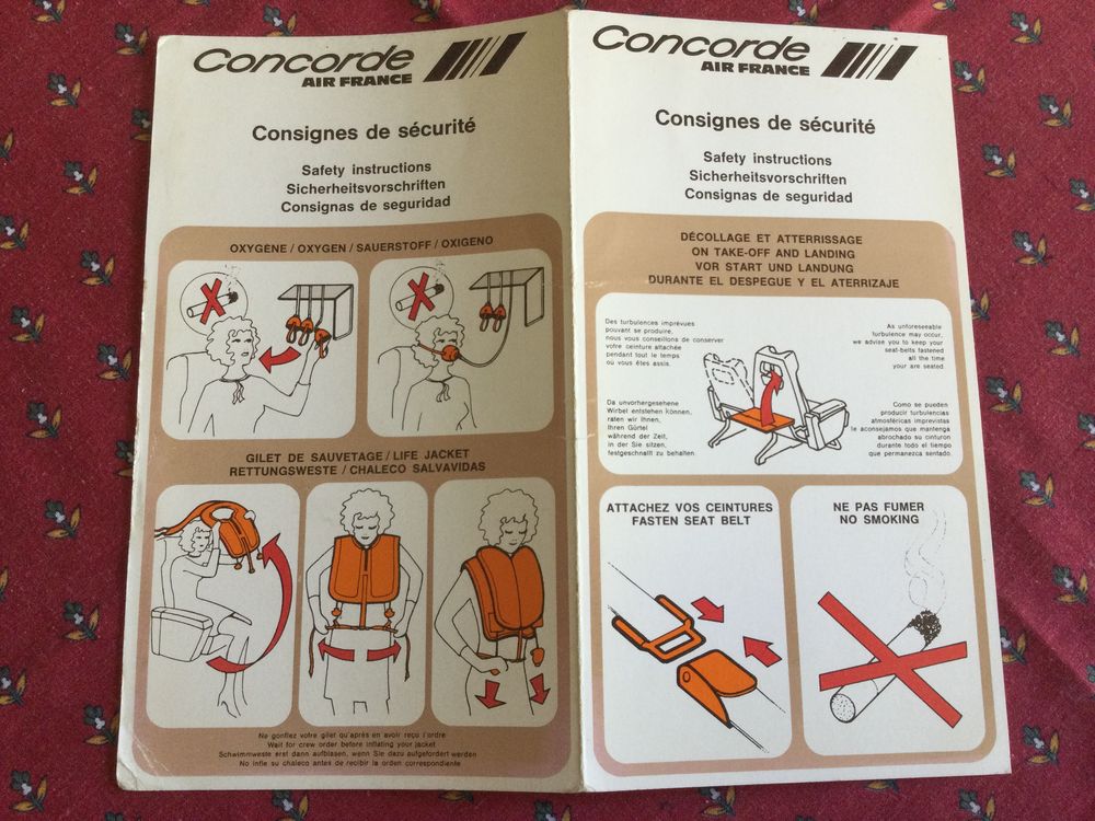 D&eacute;pliant Air France concorde Consignes de s&eacute;curit&eacute; de 1975 