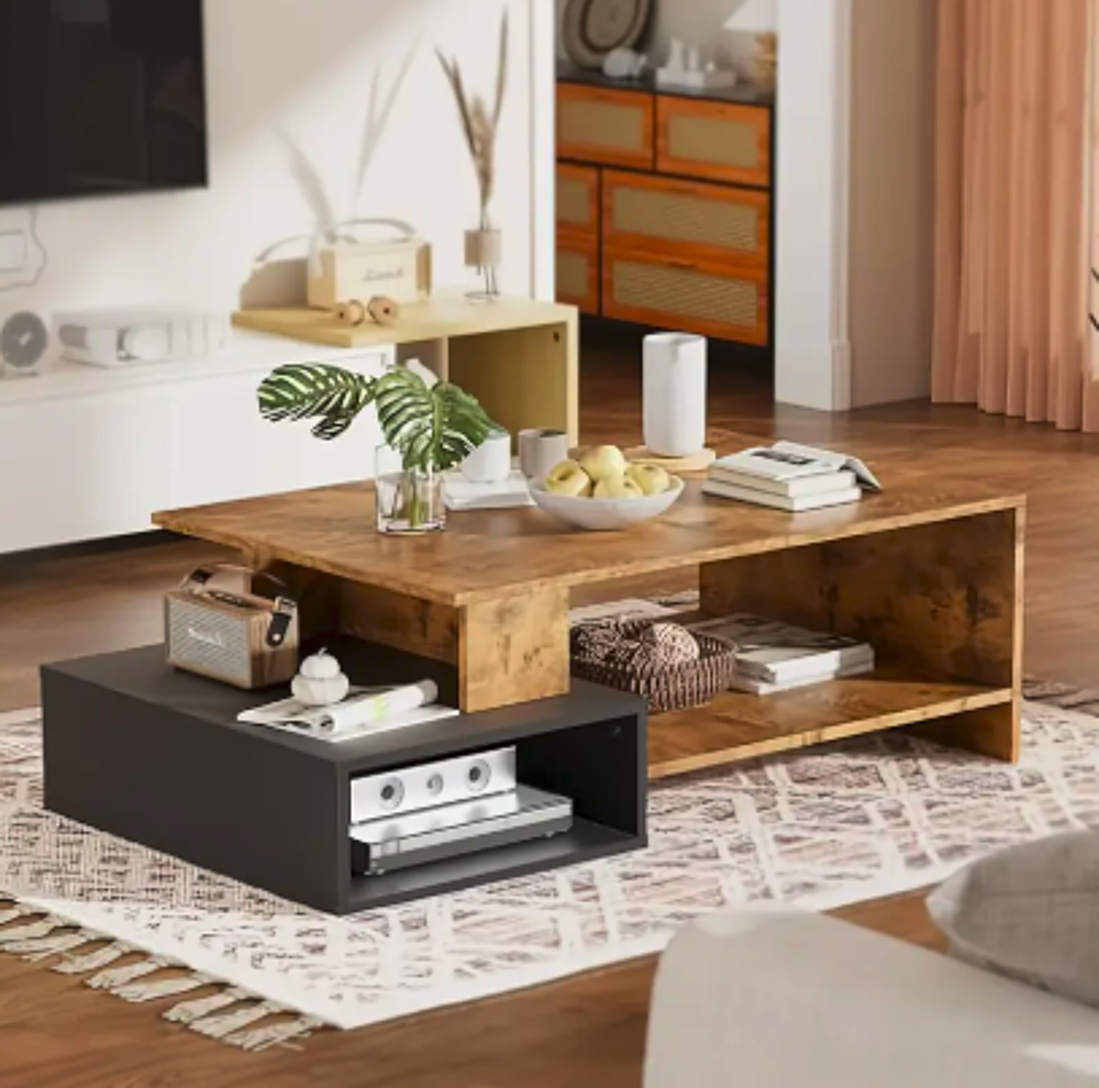 Table basse bois &amp; noir ? design moderne, rangement int&eacute;gr&eacute;, Meubles