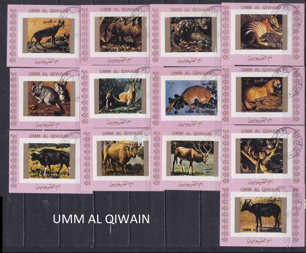 13 minis blocs d'UMM AL QIWAIN avec des ANIMAUX 