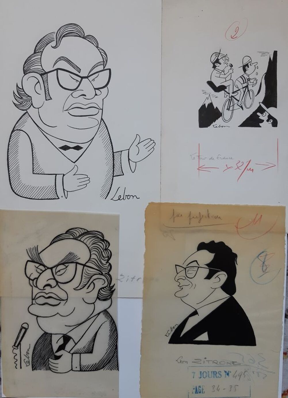 Andr&eacute; LEBON - Lot de 8 caricatures d'animateurs TV 