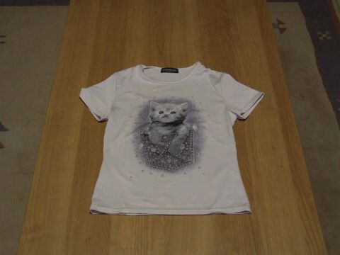 Tee-shirt manches courtes, Blanc motif chat, 8�ans, TBE 3 Bagnolet (93)