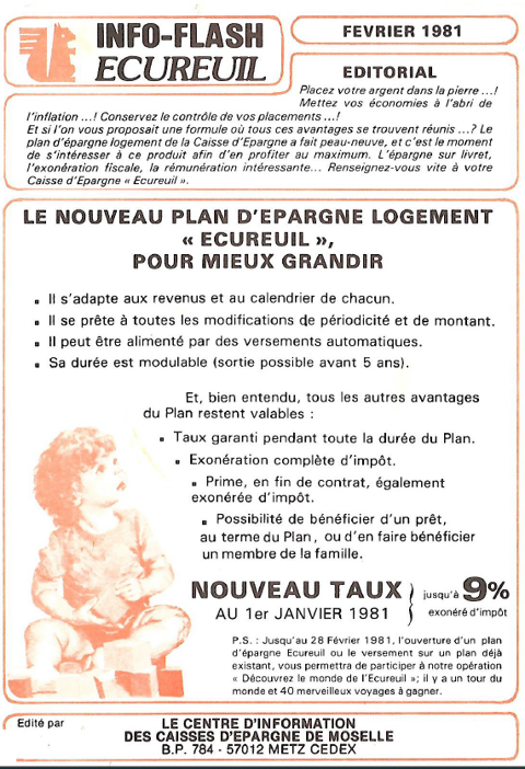 Affiche Publicitaire INFO-FLASH ECUREUIL de Fvrier 1981 20 Manom (57)
