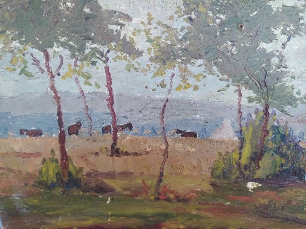 Tableau Impressionniste Paysage de Campagne Champs et Vaches 
