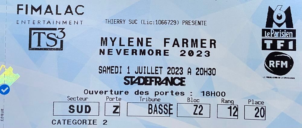 2 billets concert Myl&egrave;ne Farmer Stade de France cat. 2 Billetterie
