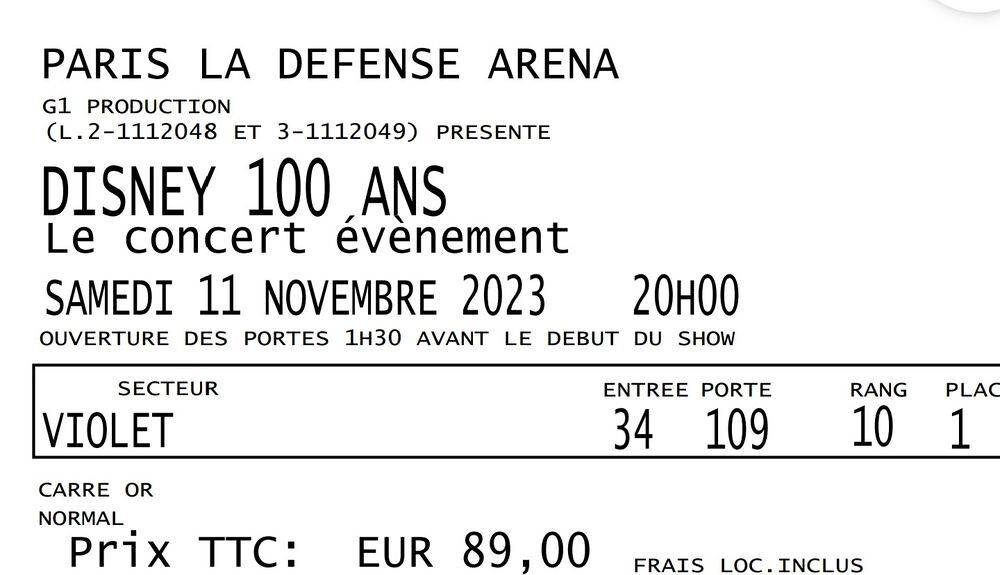 1 place concert disney Billetterie