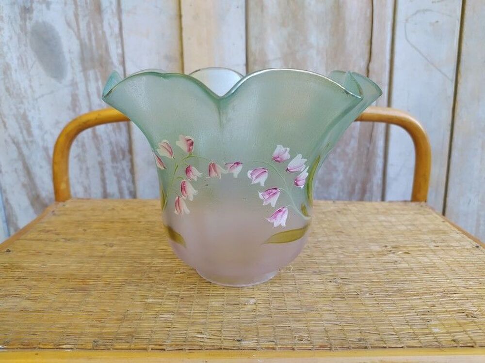 Grande Tulipe Verre de Lampe &agrave; P&eacute;trole Verte Fleurs Emaill&eacute;e Décoration