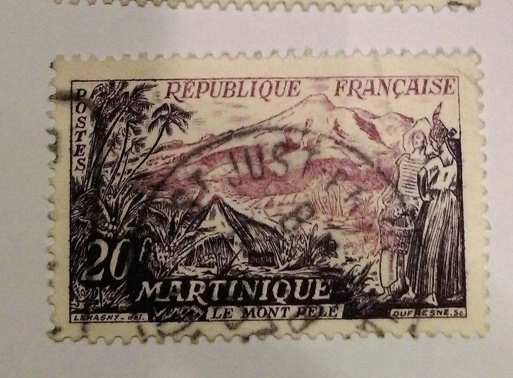 Timbre france martinique mont pel&eacute; 20 F -1955 0.06 euro
