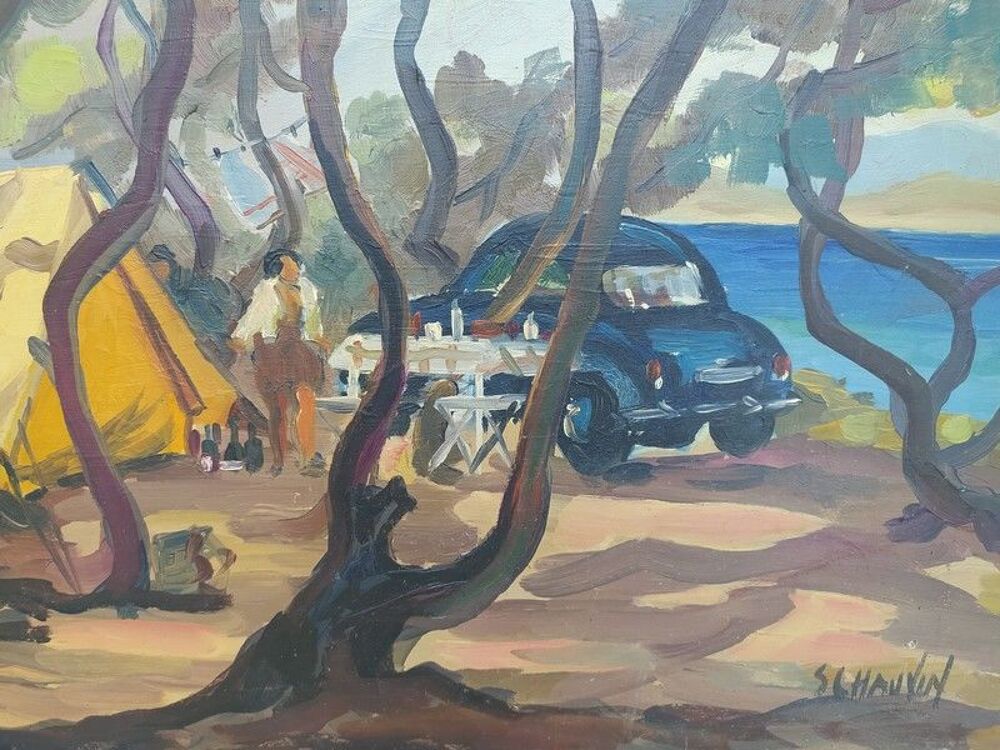 Tableau Paysage M&eacute;diterran&eacute;en Camping Sign&eacute; S.Chauvin 
