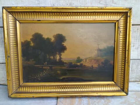 Tableau �cole de Barbizon XIX�me Anim�e Ch�teau et Pont 
130 Loches (37)