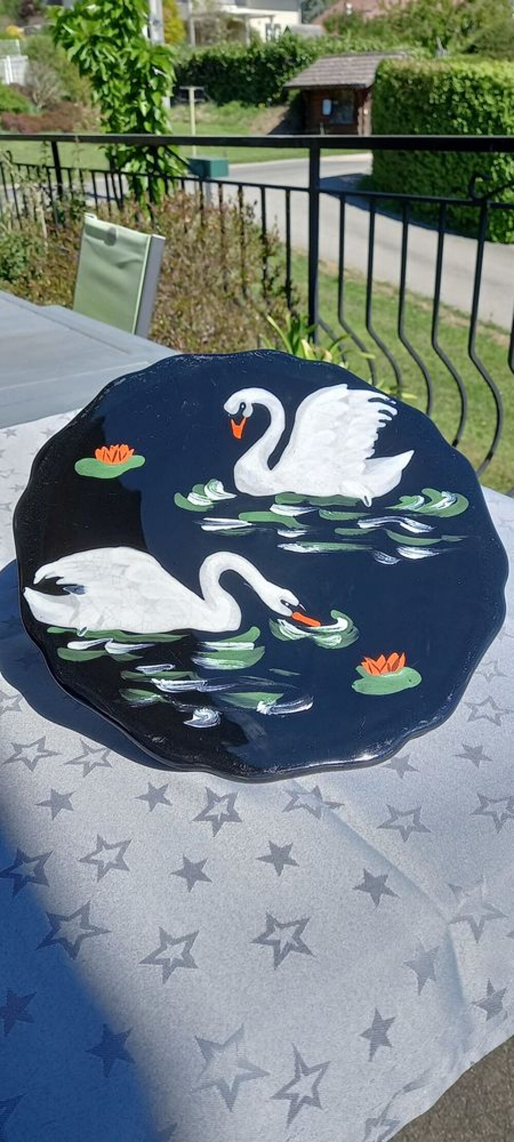 Dessous de plat &Eacute;maux de LONGWY France vintage d&eacute;cor cygnes Décoration