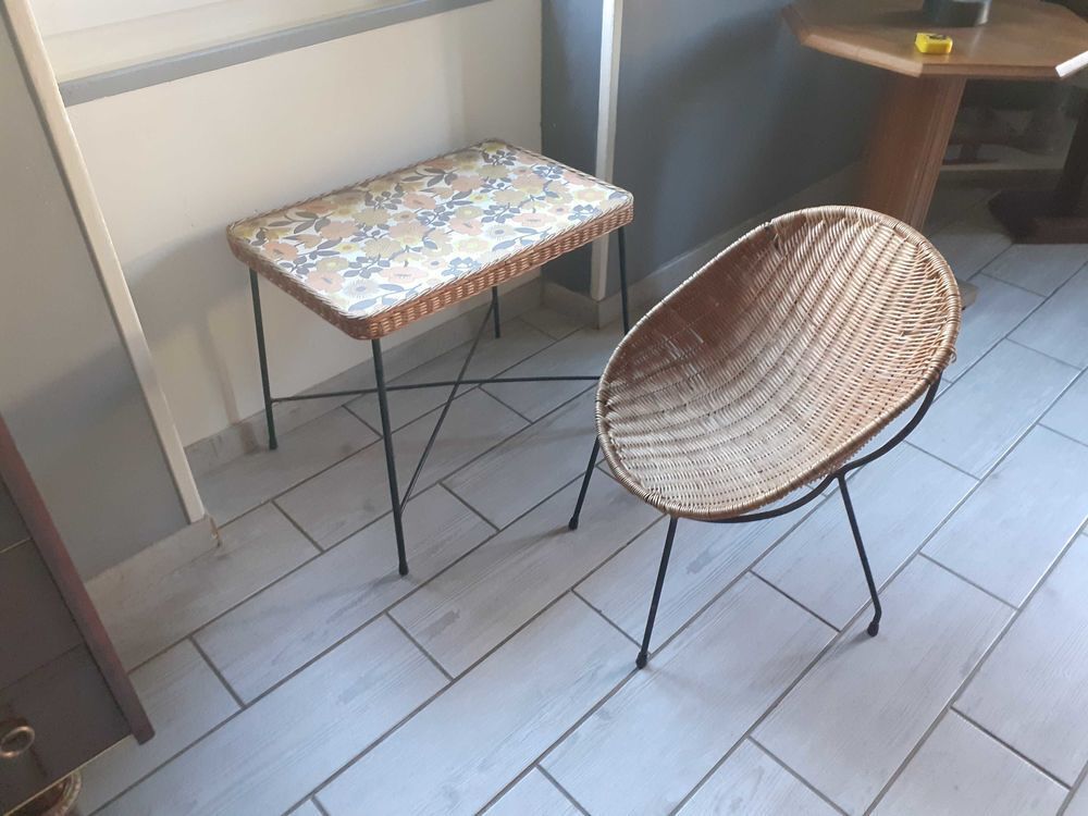 table et fauteuil rotin Vintage Meubles