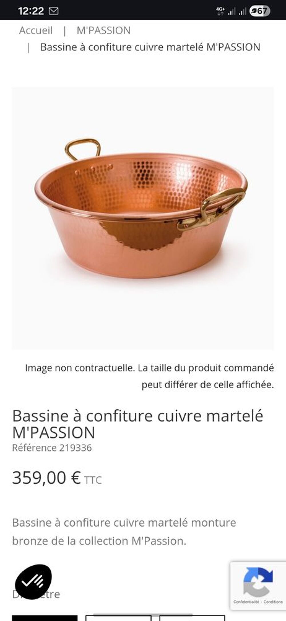 Bassine &agrave; confiture en cuivre martel&eacute; monture bronze Cuisine