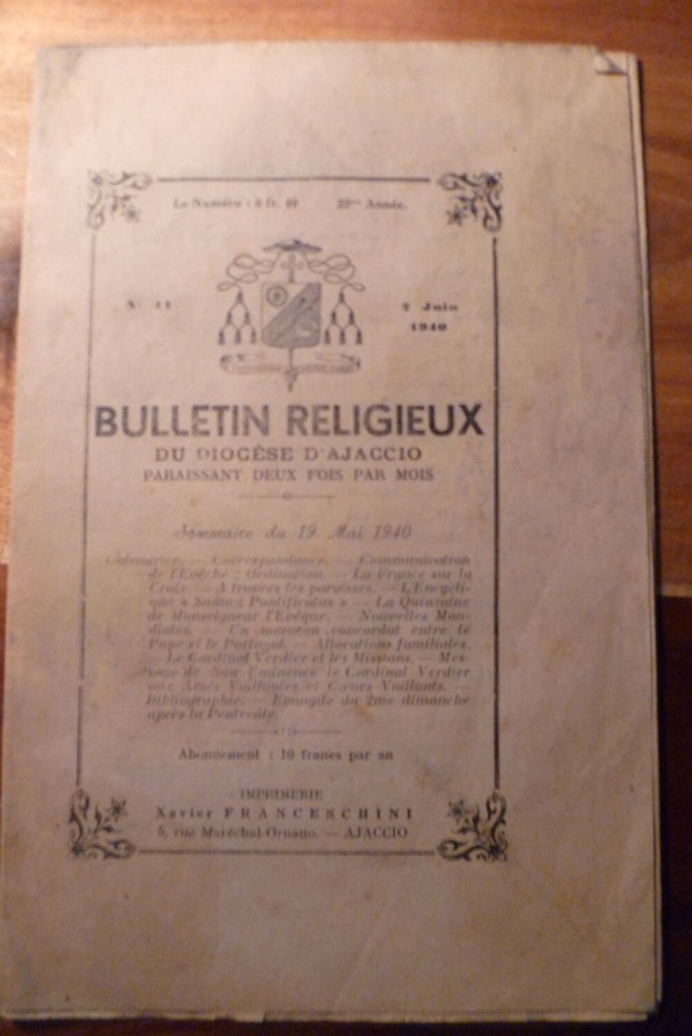 BULLETIN-RELIGIEUX-DU-DIOCESE-D-039-AJACCIO-19-MAI-1940-29me Livres et BD