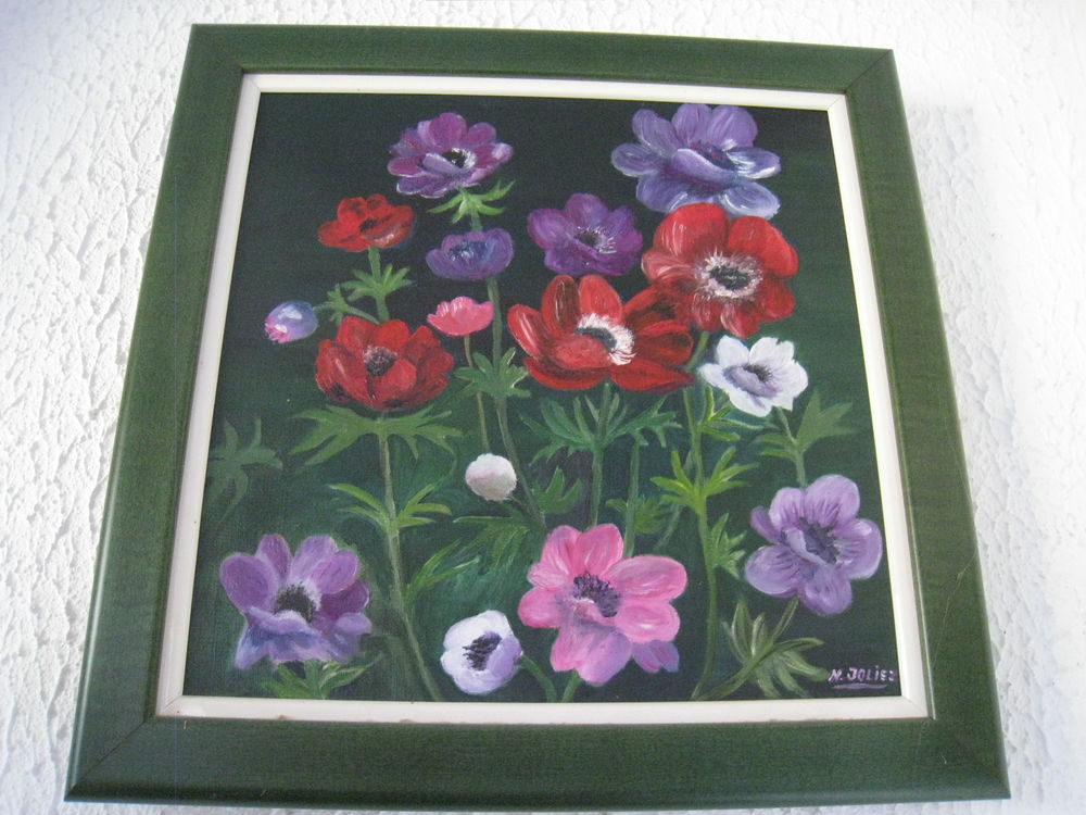 Tableau an&eacute;mones sign&eacute;, encadr&eacute; 37X37 Décoration