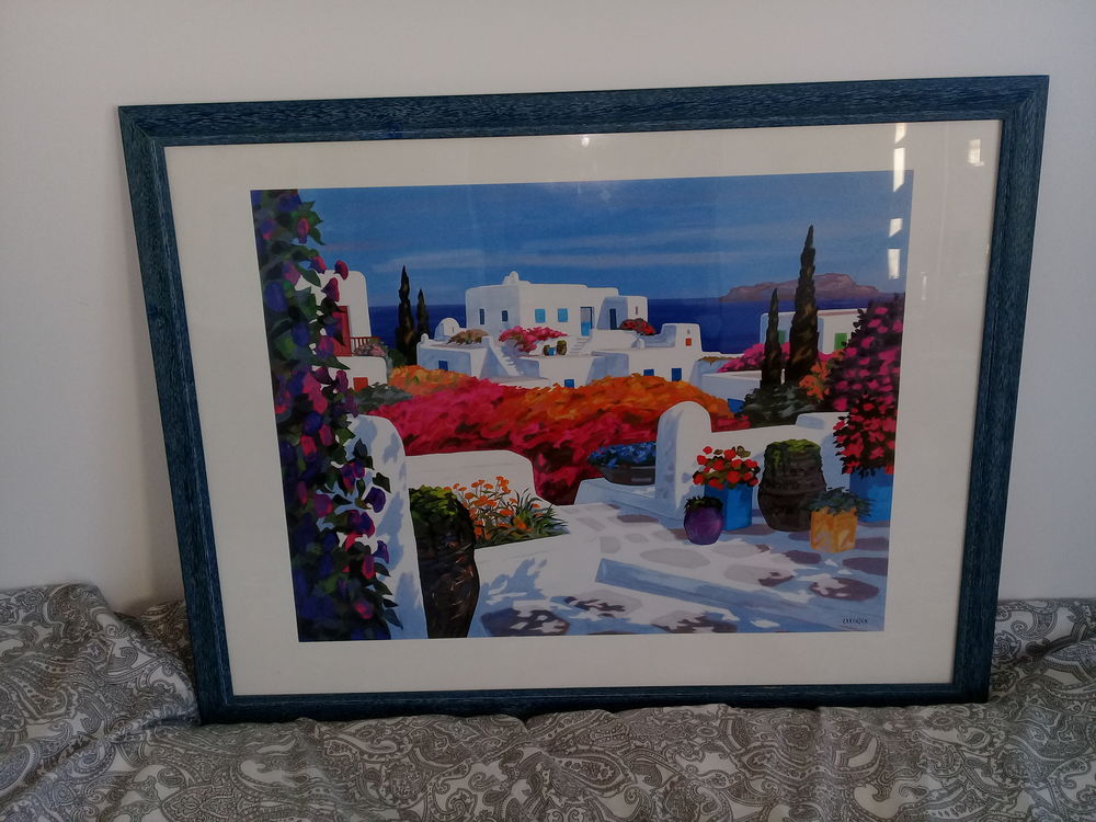 Tableau sign&eacute; repr&eacute;sentant vue &icirc;le de SANTORIN (GRECE) Décoration