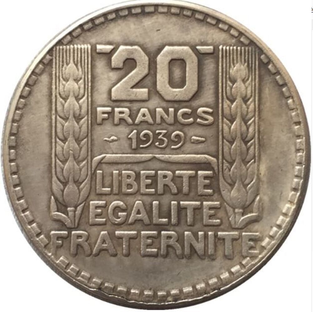 R&Eacute;PLIQUE PLAQU&Eacute;E ARGENT - 20 FRANCS 1936 - 1939 PRIX 10 