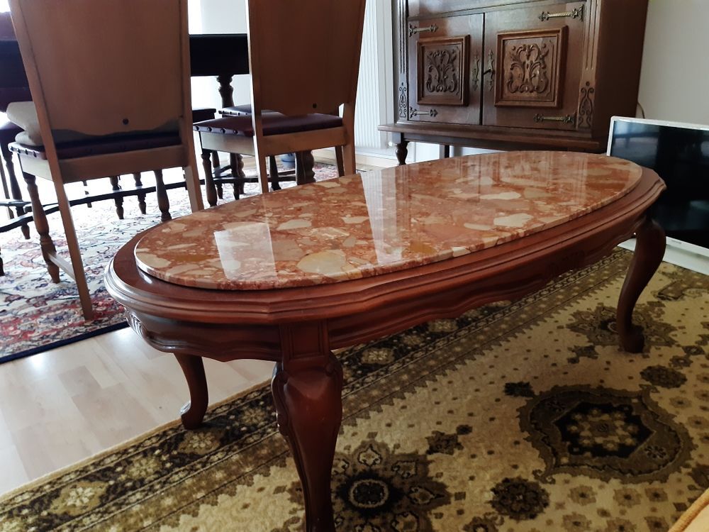 TABLE BASSE OVALE EN MERISIER ET MARBRE STYLE LOUIS XV Meubles