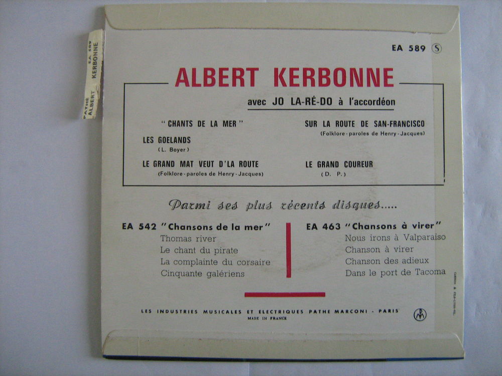 ALBERT KERBONNE LES GOELANDS sur disque PATHE MARCONI N&deg; EA CD et vinyles