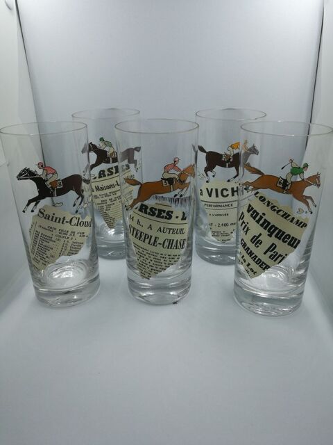5 verres décor chevaux et morceau journal du tiercé 20 Balan (08)
