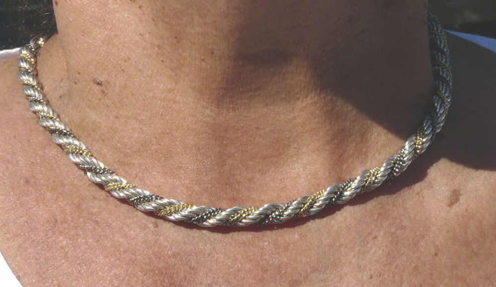 Collier Ras-de-Cou Torsad&eacute; en M&eacute;tal Argent&eacute; et Dor&eacute; -vintage Bijoux et montres