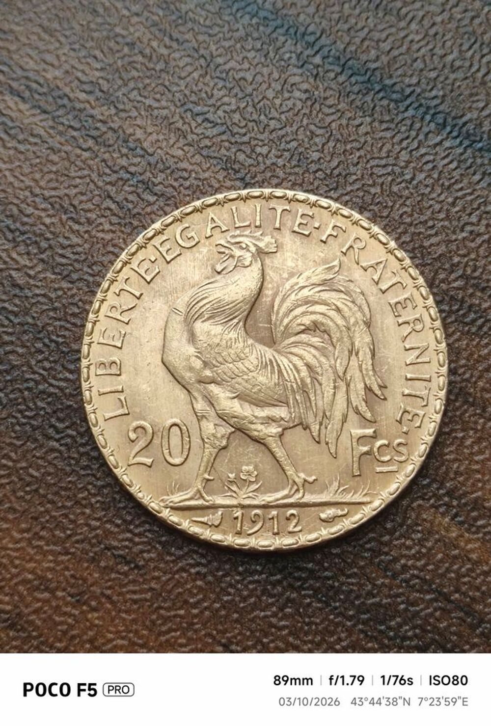 20 francs or Marianne or coq 1912 6,4 gr 